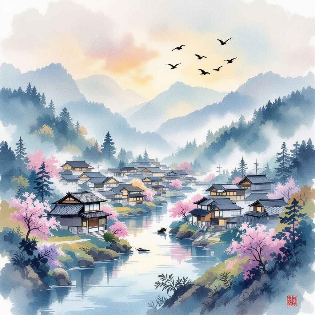 Japanese watercolor scene   by @Aimre DLize Olivier
