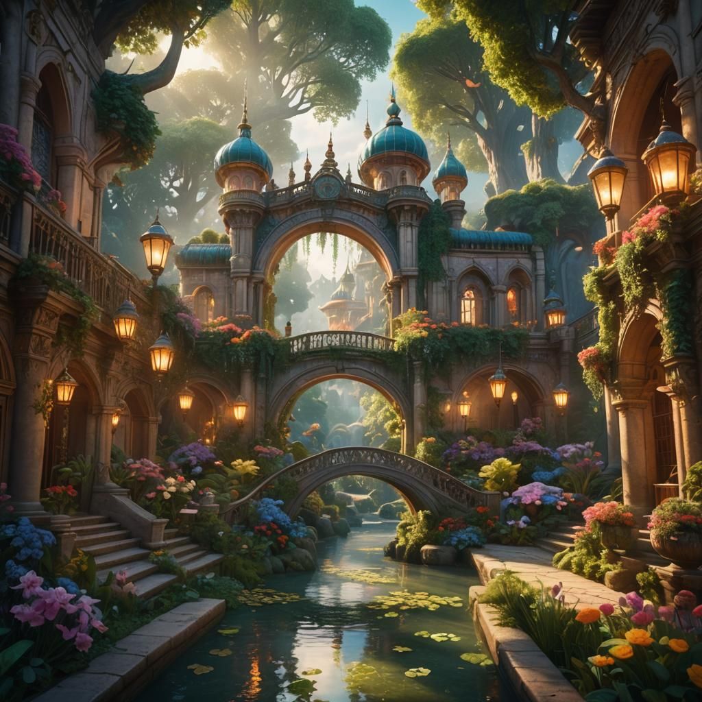 Enchanted Fantasy Palace with Vibrant Gardens and Iridescent...