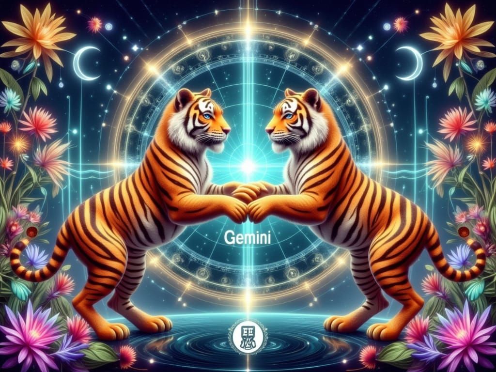 <lora:FiosZodiacSigns1:1.0> Gemini Tiger Twins in Jungle