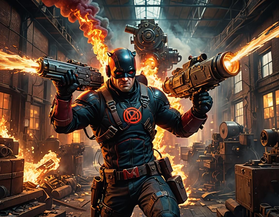 Daredevil carries the magic camera gun at shoulder level pointing at the Flash running away into the gadget factory Which is burning down. H...