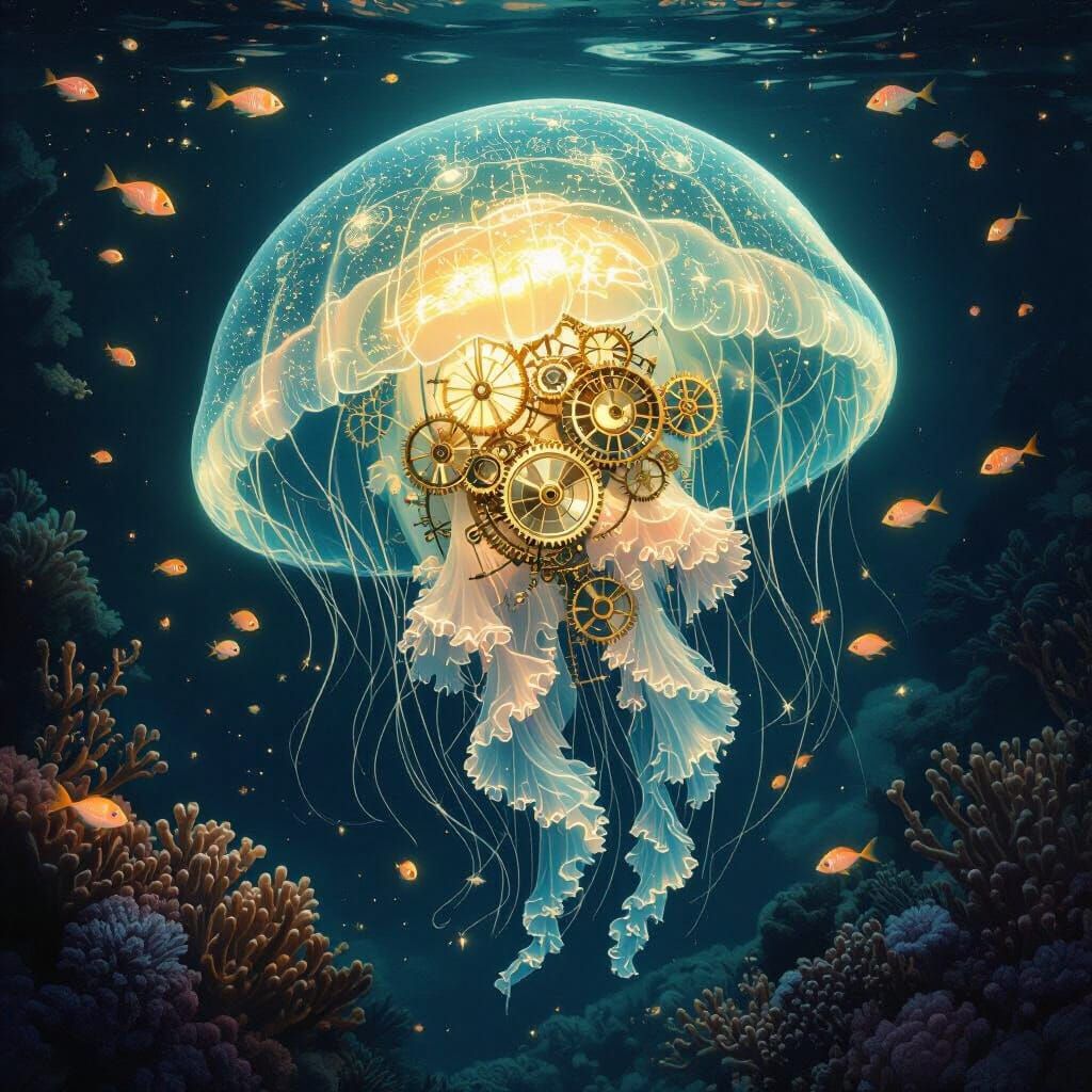 A bioluminescent jellyfish with delicate clockwork gears and springs integrated into its translucent body, gracefully drifting through the i...