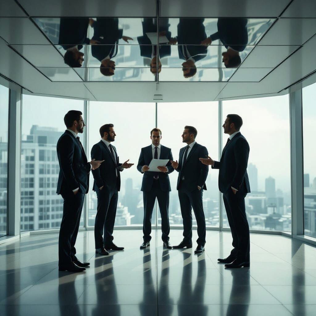 a group of businessmen having a meeting on the ceiling of their office