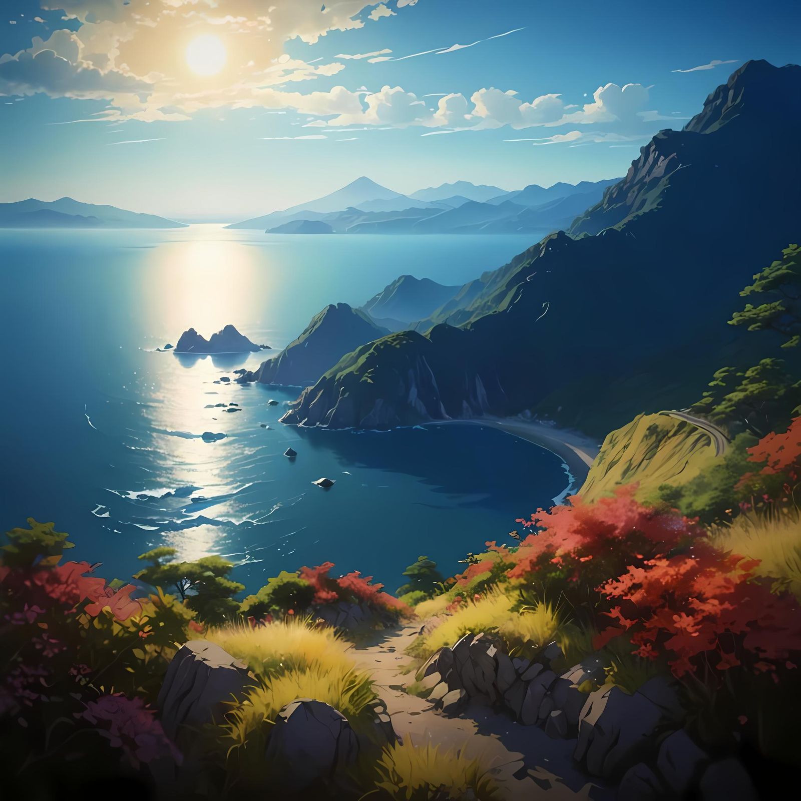 Anime Japanese Mountainside Coast Basks in Soft Sunshine