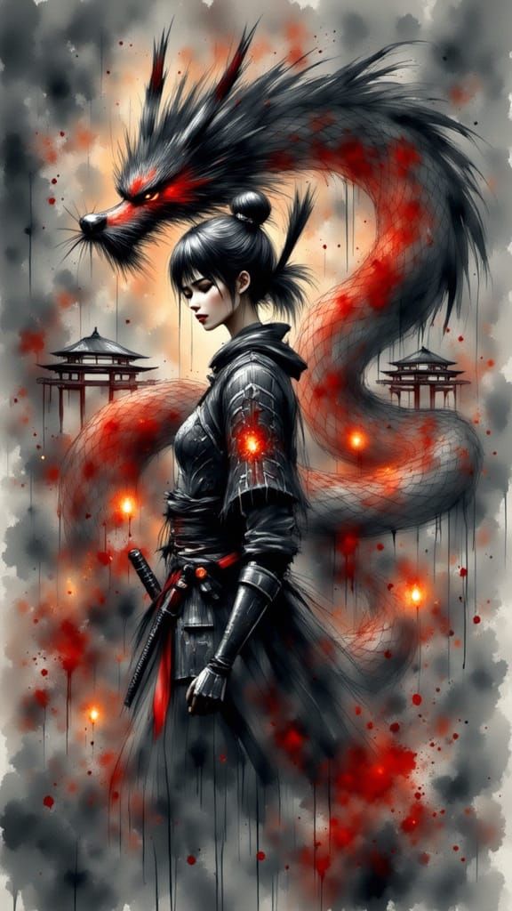 Cyberpunk Samurai Confronts Majestic Dragon