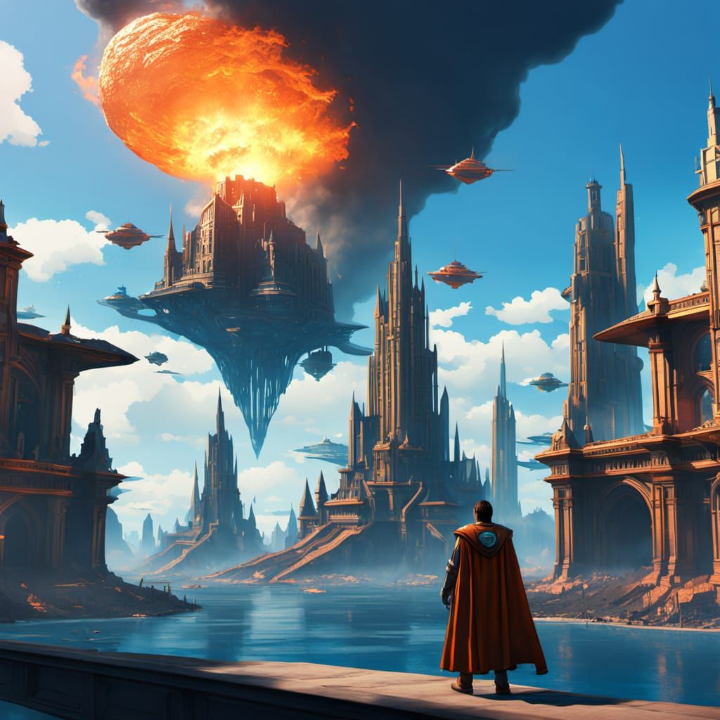 Atlantis is under attack and burning. Strange flying vehicles are firing on city. Citizens are trying to escape. Wingles fighter crafting ar...