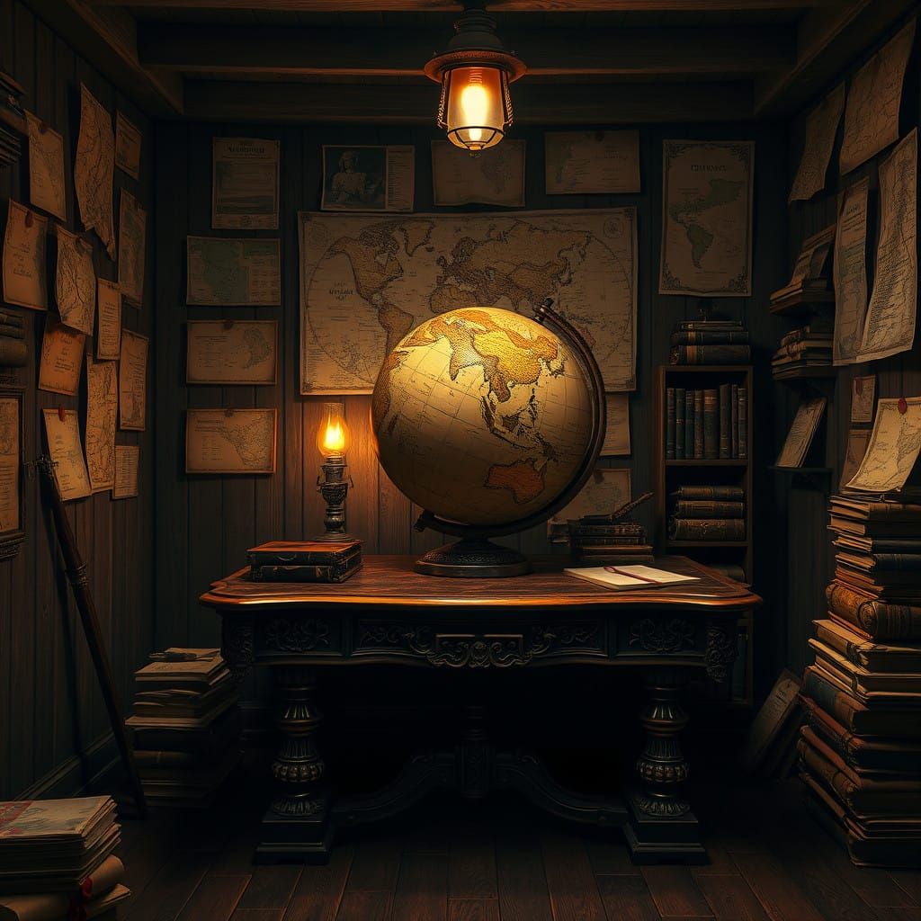 Mystical Study of Ancient Maps and Worn Globe