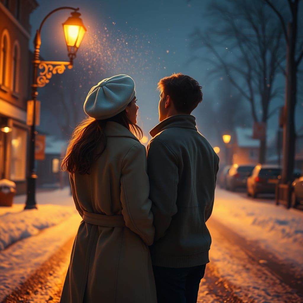Peaceful Provincial Evening with Young Couple in Snowfall