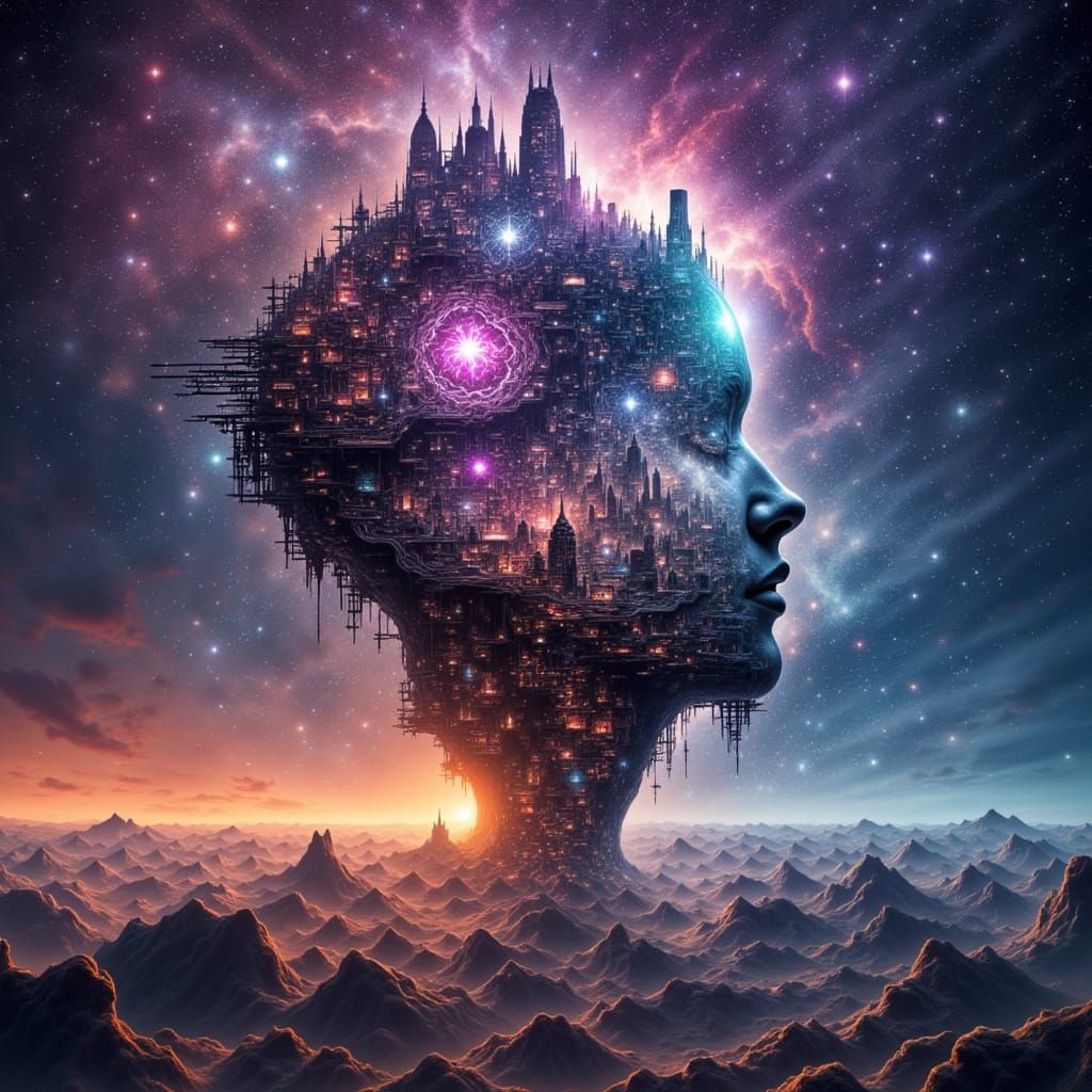 <lora:AbstractReality2:1.0> Colour double exposure of star Fields and civilisation shoot out of the brain looking at the viewer with nebulou...