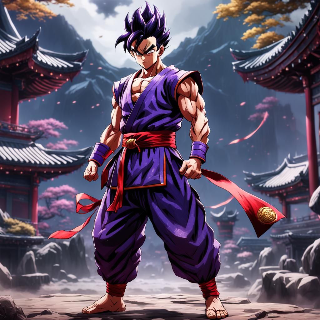 Beast Gohan, Insanely Detailed Purple Gi with red sash, Insanely detailed full body portrait photography ...  by @James Silvers