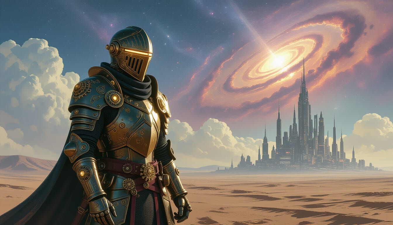 A lone knight in intricately designed steampunk armor, complete with brass gears and glowing vacuum tubes, stands on a desolate, windswept p...