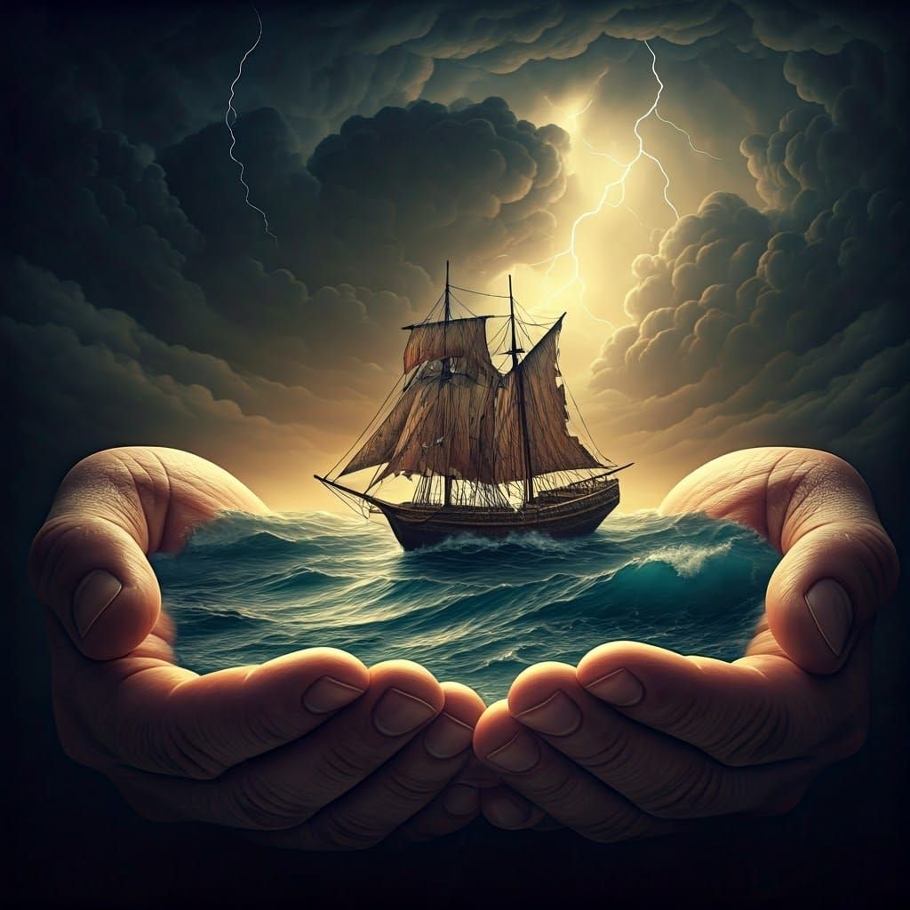 a sea storm and a wooden boat that fights the storm inside cupped human palms  by @Schoor