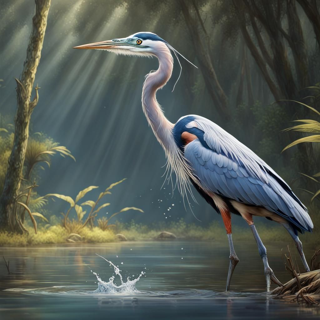 A blue heron catching a fish - AI Generated Artwork - NightCafe Creator