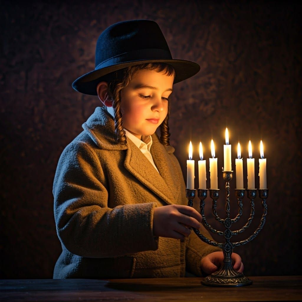 A Young Hasidic Boy Lights the Hanukkah Menorah in Dreamy, F...