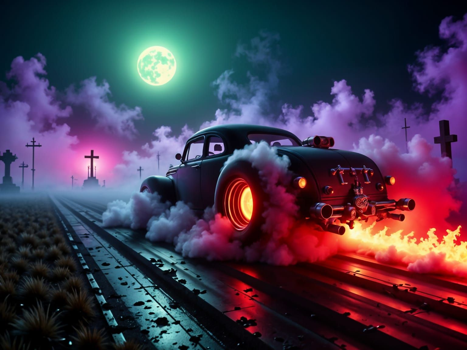 ghostly drag race at midnight, spectral RAT ROD burning through fog at us, glowing engine blocks, haunted chrome, tires leaving trails of fi...