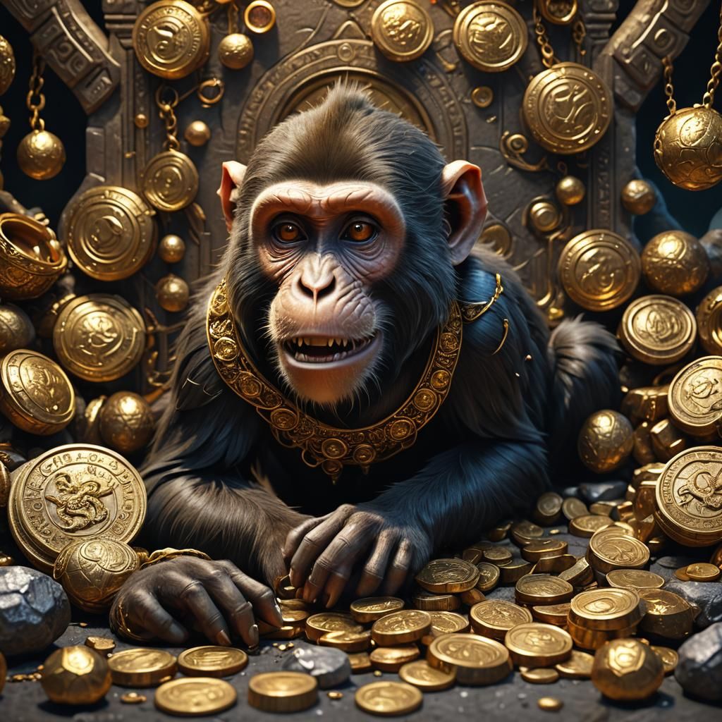 Fantasy Monkey Devours Treasure Coins in Golden Light