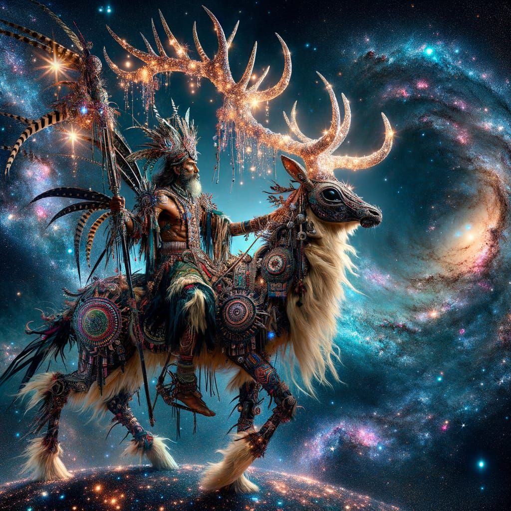 A tribal warrior, adorned in intricate feathers and patterns, rides a mystical deer made of shimmering ...  by @Alex