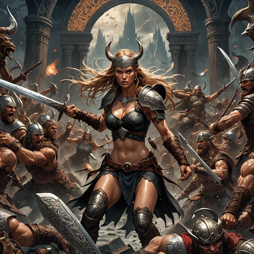 ultra-fit, tall, slender, stunning strikingly beautiful, viking warrior princess, wearing a bikini, in violent, blood soaked,vast epic melee...