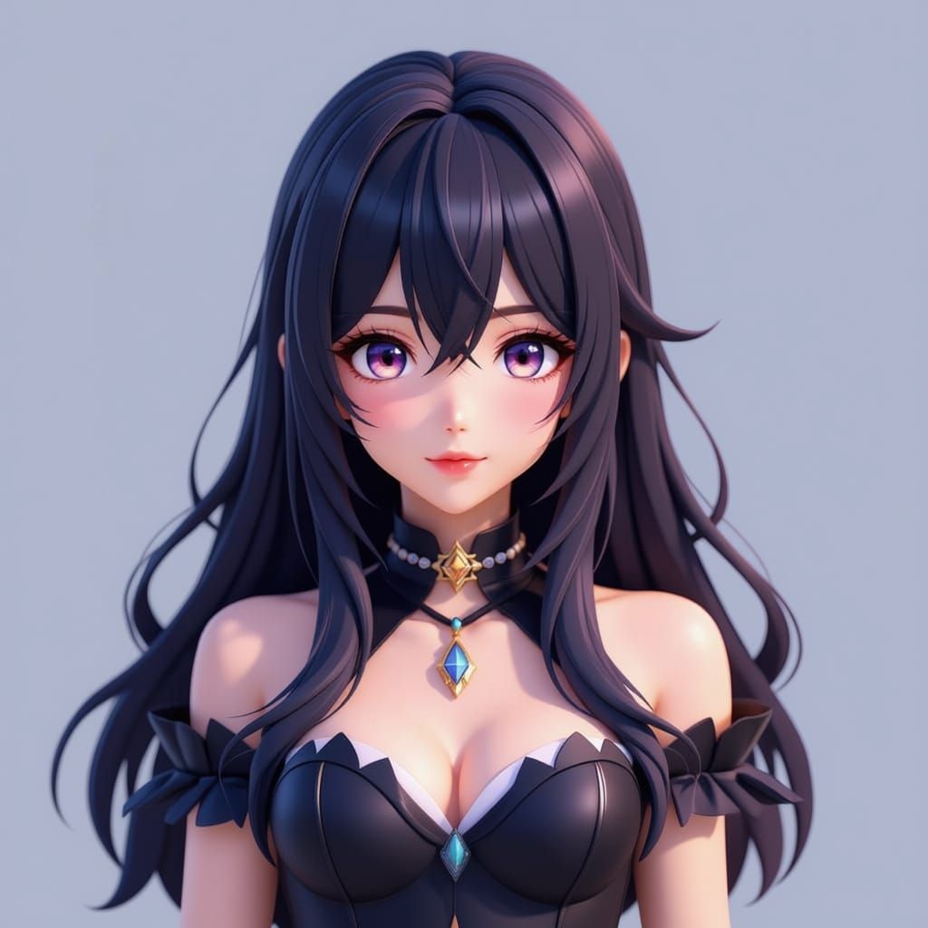 Girl with black hair, purple eyes, and a black dress