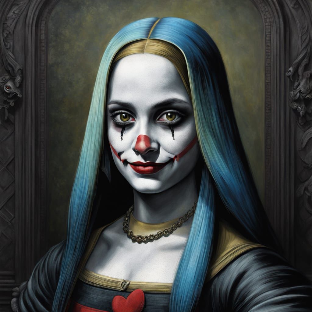 Hyperrealistic Mona Lisa as Harley Quinn