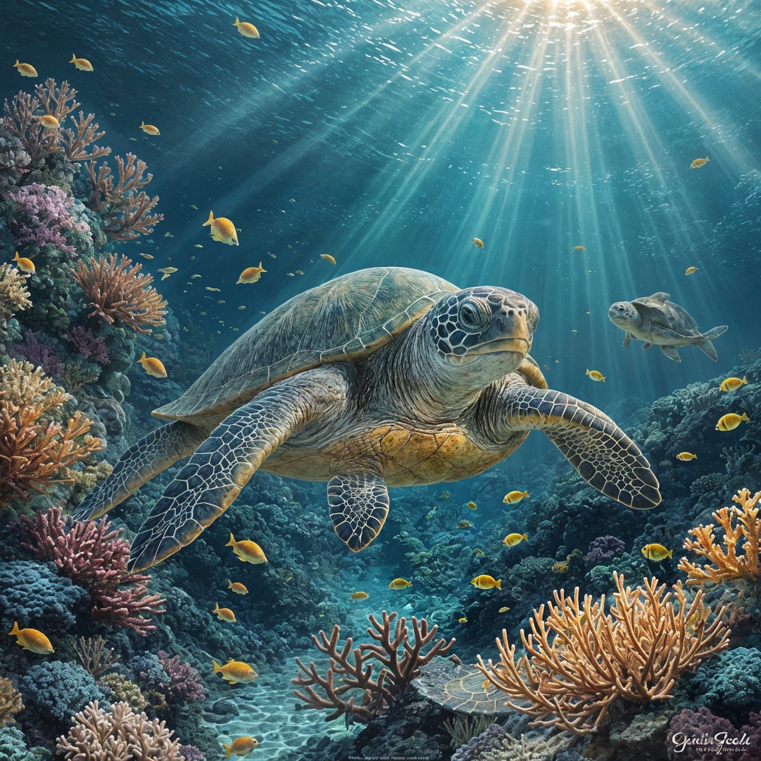 “A close-up digital painting of a sea turtle swimming above coral gardens, with tiny fish and sunbeams ...  by @rezz