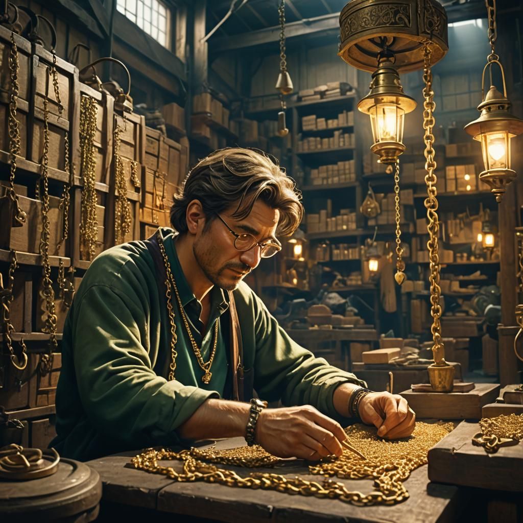 Golden Chain Craftsman in Dimly Lit Warehouse