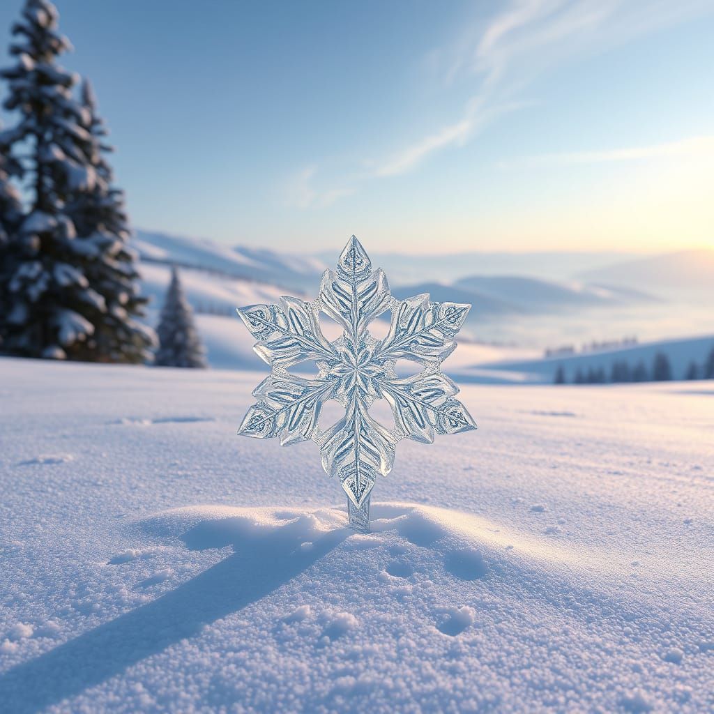 Ornate Ice Flake on Snowy Landscape in Dreamlike Style