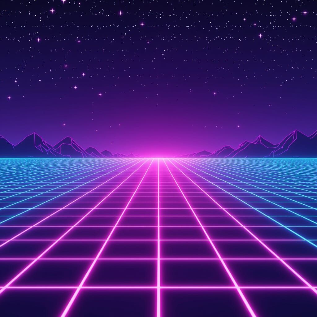 “A seamless and centered pixel art background designed for a 1000x1000 pixel NFT canvas. The scene features a futuristic neon grid floor in ...