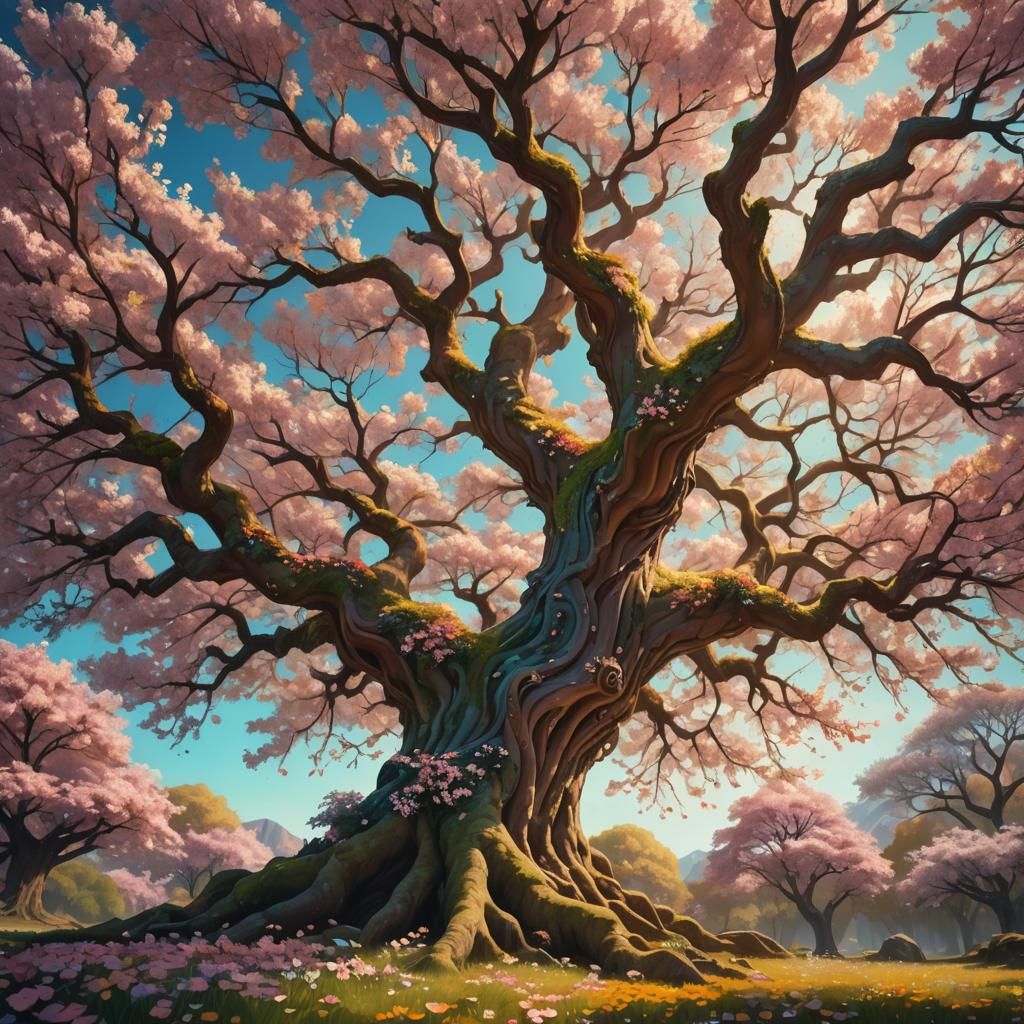 Majestic Tree Blossoms in Vibrant Fantasy Landscape