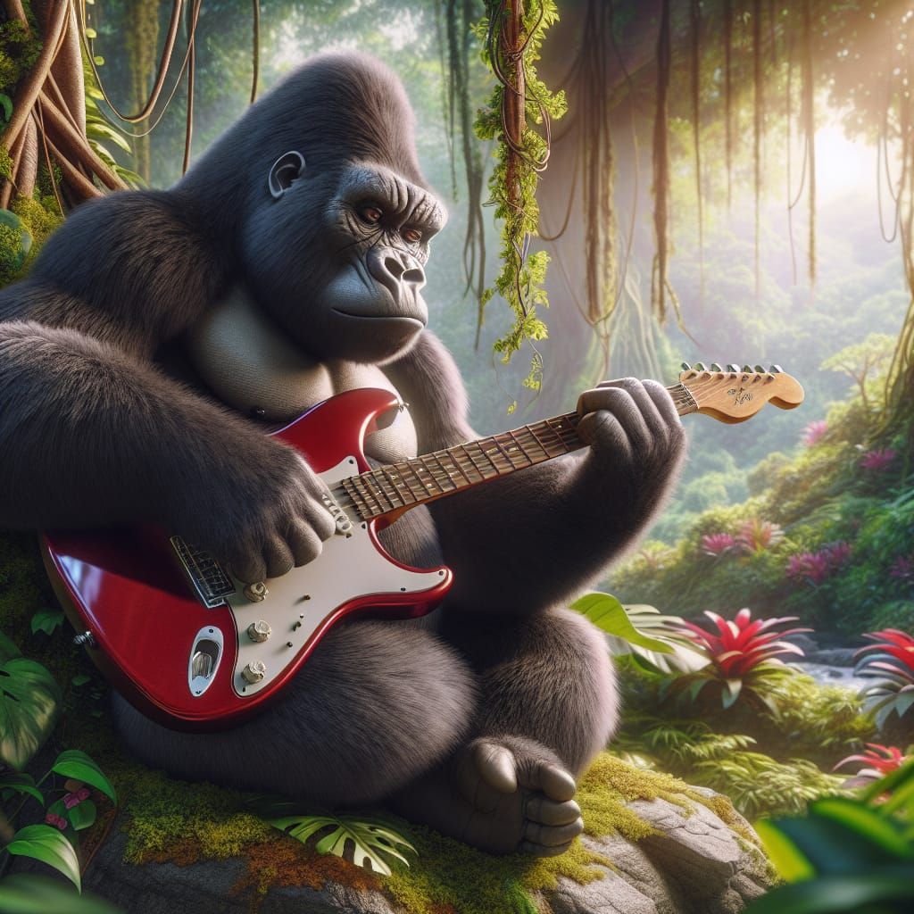 Gentle Gorilla Plays Electric Guitar in Jungle