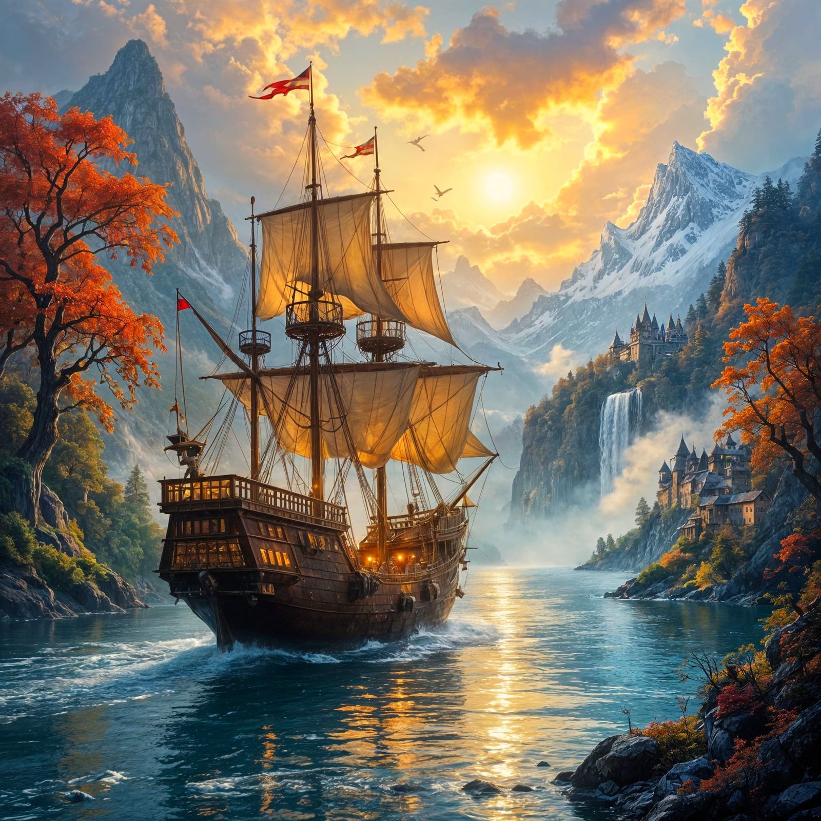 Majestic Galleon Sails Through Enchanted River Landscape