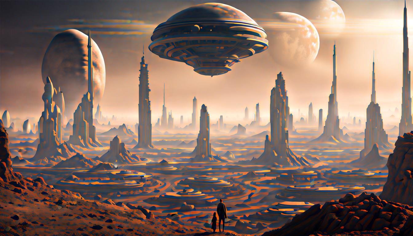 long shot, alien city, alien citizens, alien planet landscap...
