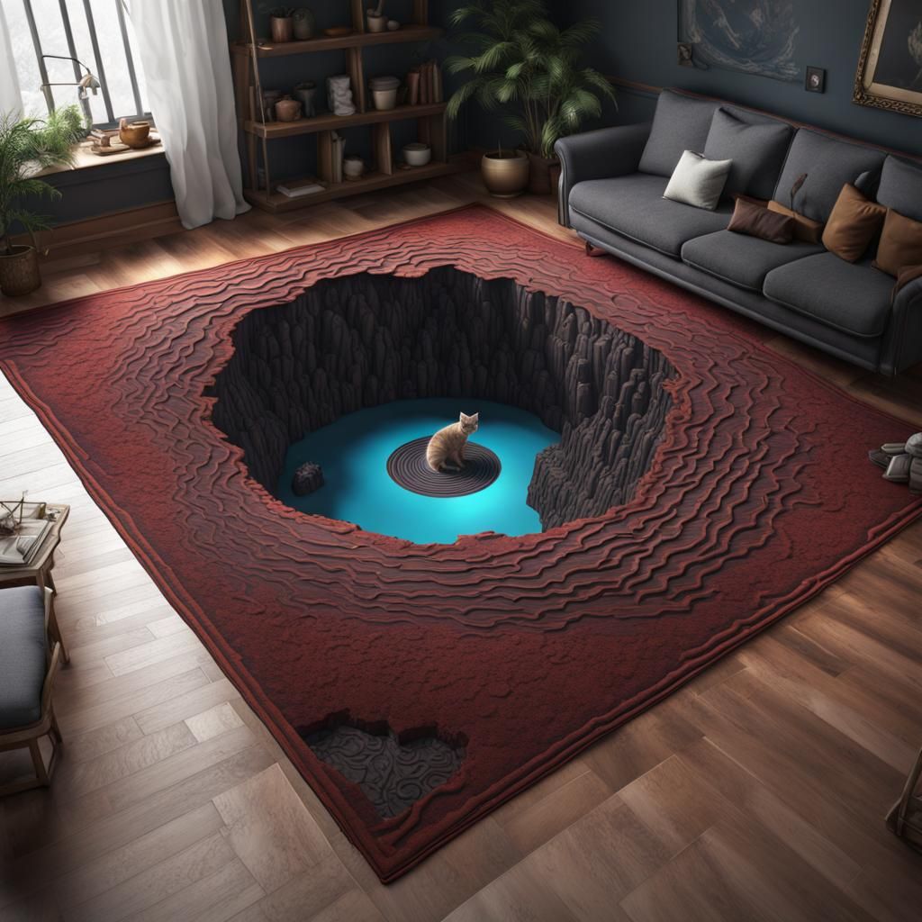Cat in an optical illusion sinkhole rug  by @dinsat