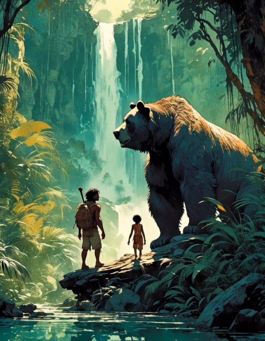 <lora:Axis Comix:1.0> 16k, full body portrait close-up low angle shot of a disneyverse mowgli and baloo in the style of kilian eng, aykut a...