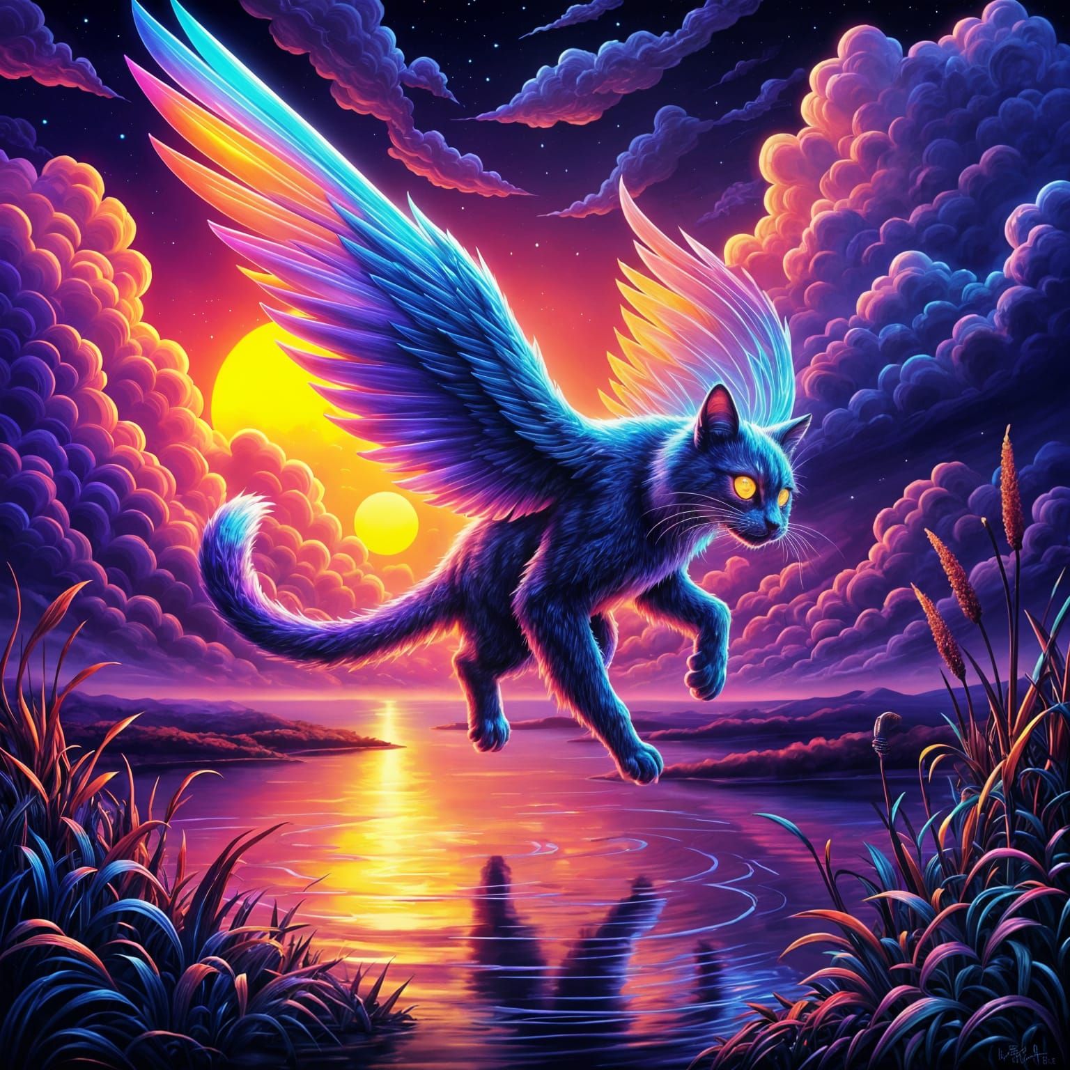 The Catbird flies over the water to pick out his fishing spot (Neon Cosmic Cat #5)