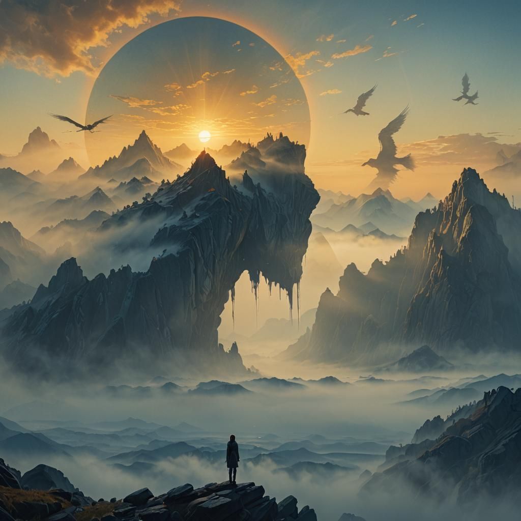 Mystical Sunrise in a Misty Mountain Landscape