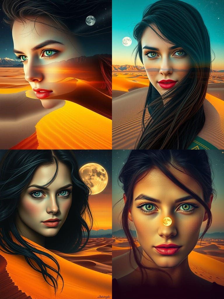 Woman's Desert realistic double exposure artwork.