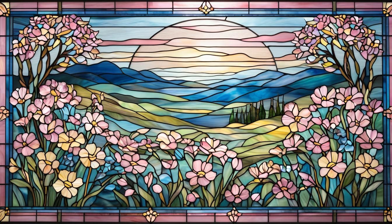 A stunning stained glass window masterpiece featuring a vibrant field of flowers. The intricate floral ...  by @Nightdog