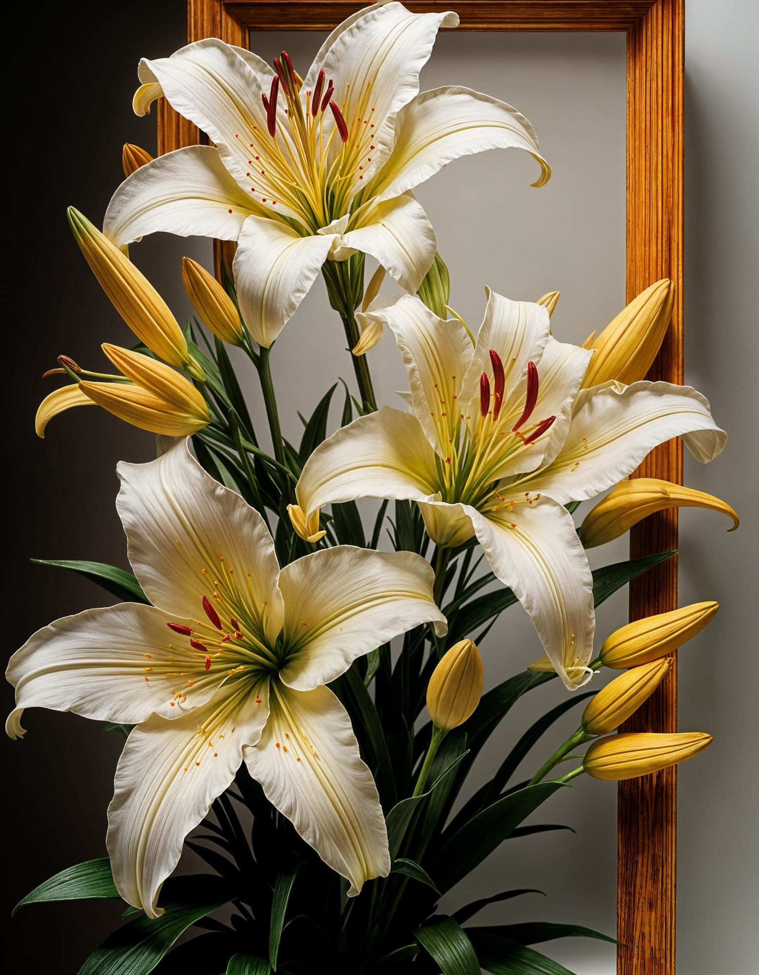 Photorealistic  WOOD FRAME, ultra sharp, lilies extend beyond edge of frame, 3D, empty white background