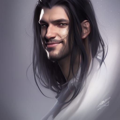 long black hair amber eyes adult man lecherous smile - AI Generated ...