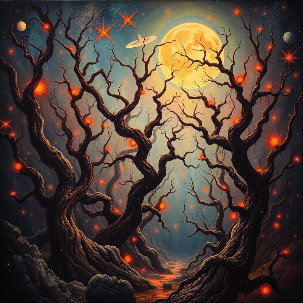 Dreamlike Forest of Gnarled Trees and Celestial Bodies