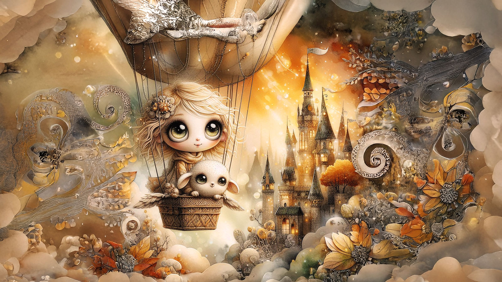 Hot Air Balloon, Woodland Creature, Mixed Media