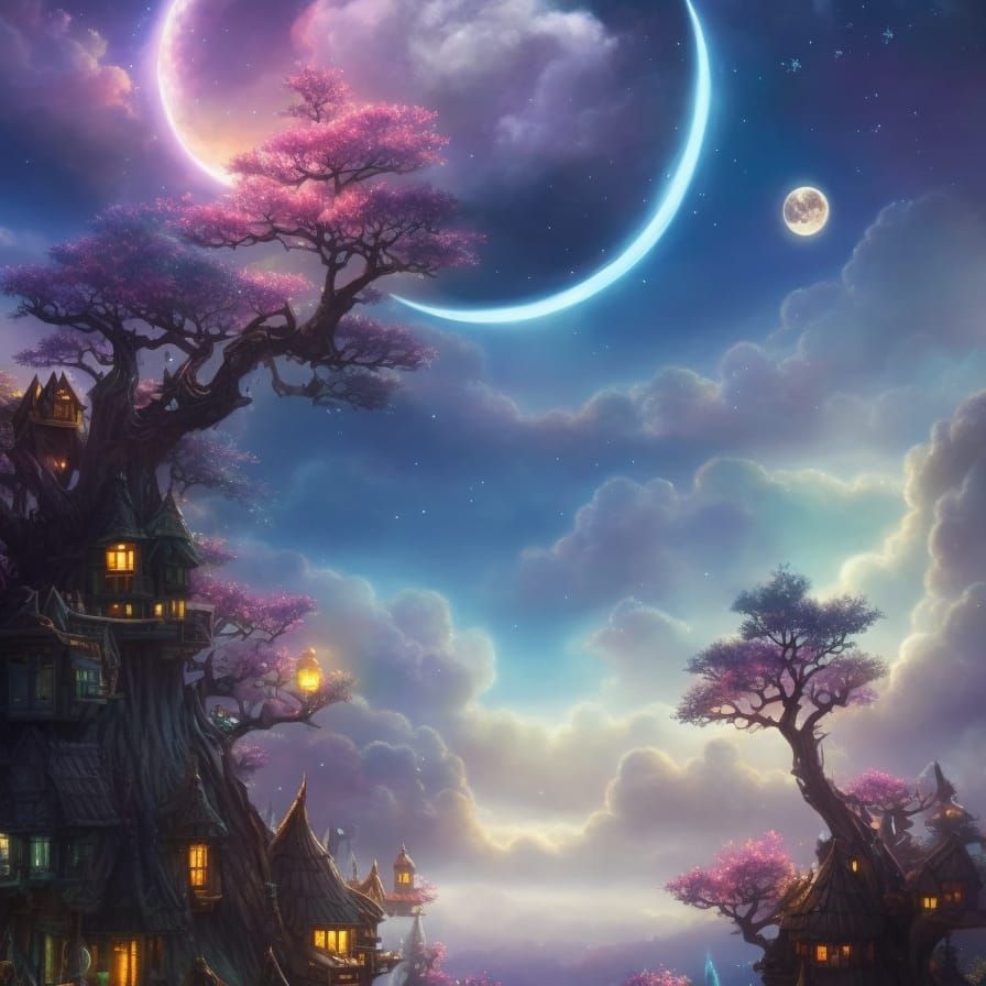 Enchanting Floral Treehouse Under Sacred Moonlight