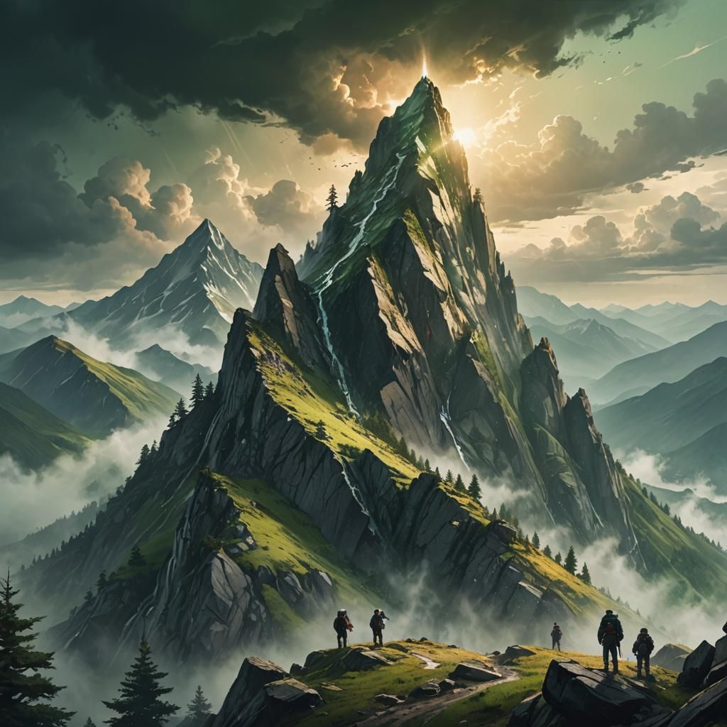 Epic Fantasy Group Reaches Mountain Peak in Moody Lighting