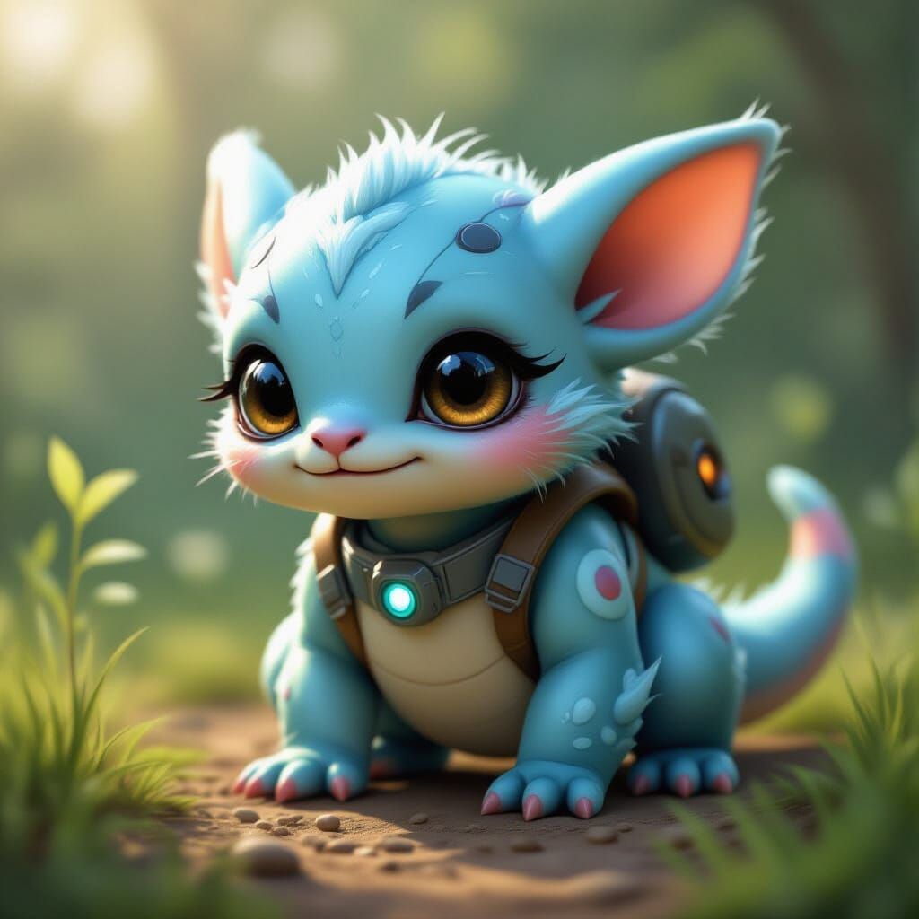 A happy little alien moves slowly and blinks her bright eyes