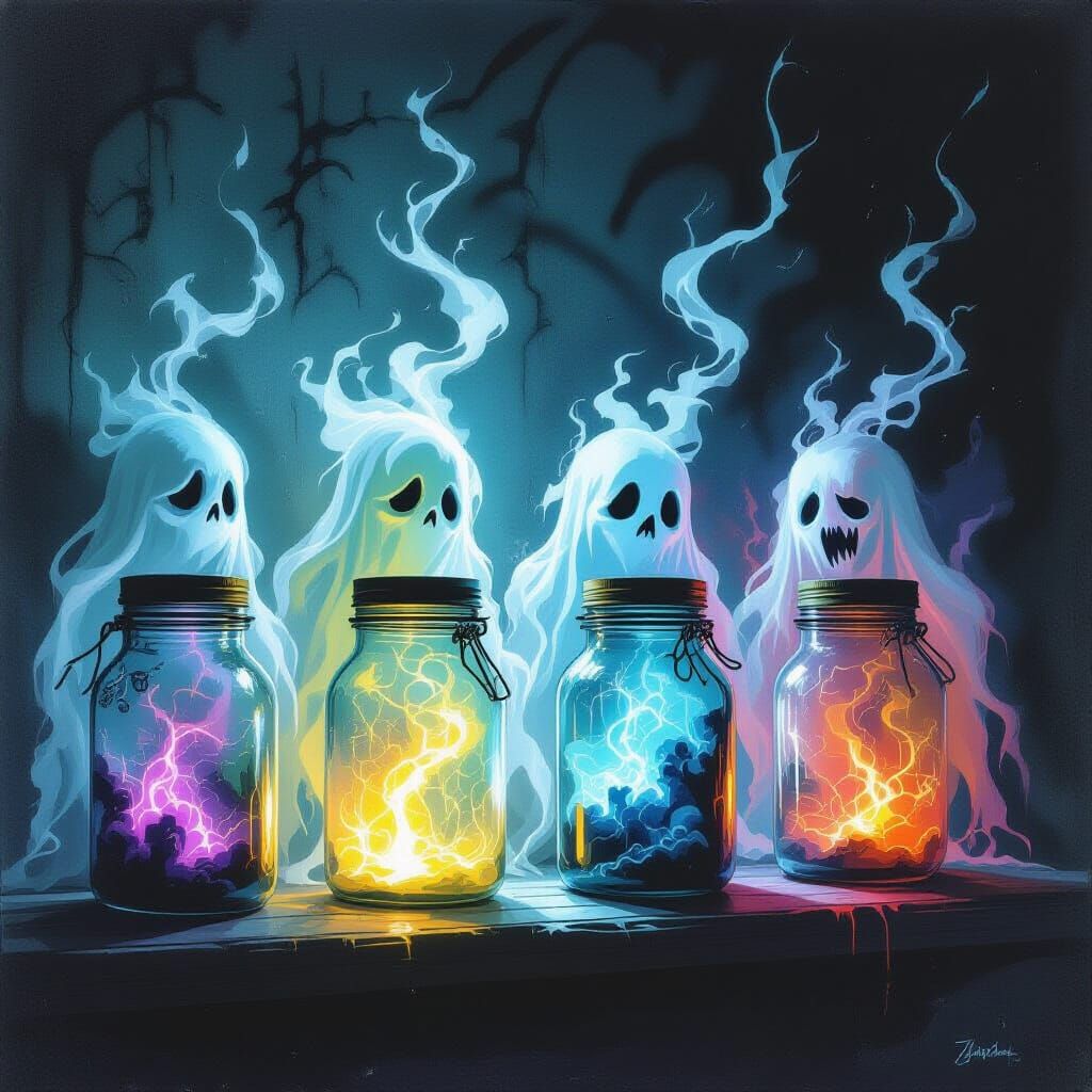 Four Jars Contain Terrifying Ghosts in Gothic Art Style