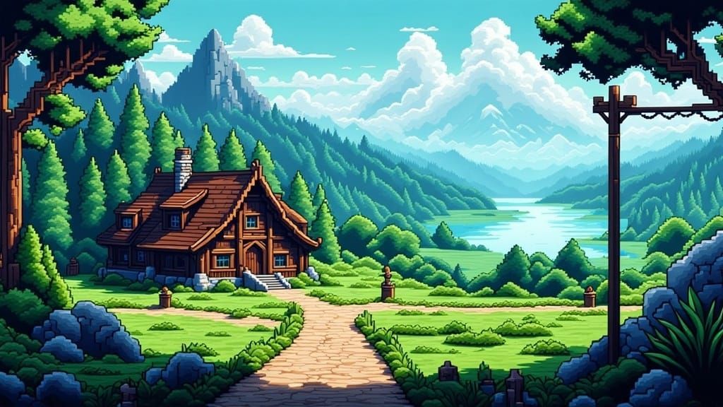 <lora:Bit Code Breaker:1.0> Pixel art, 8 bit, old tavern at crossroads, pine trees on the left, a lagoon on the right