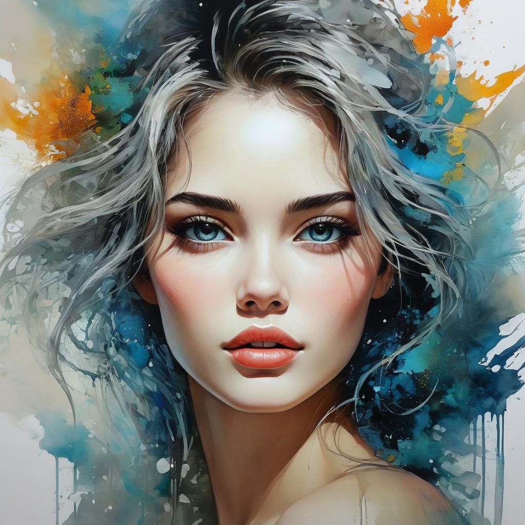 Sensual Woman Portrait in Wlop-Inspired Oil and Ink Illustra...