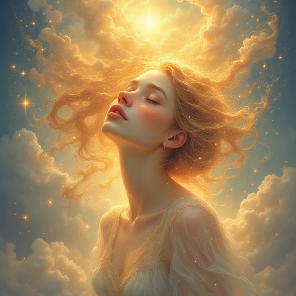 Ethereal Woman with Rose Hair in Surrealist Oil Painting