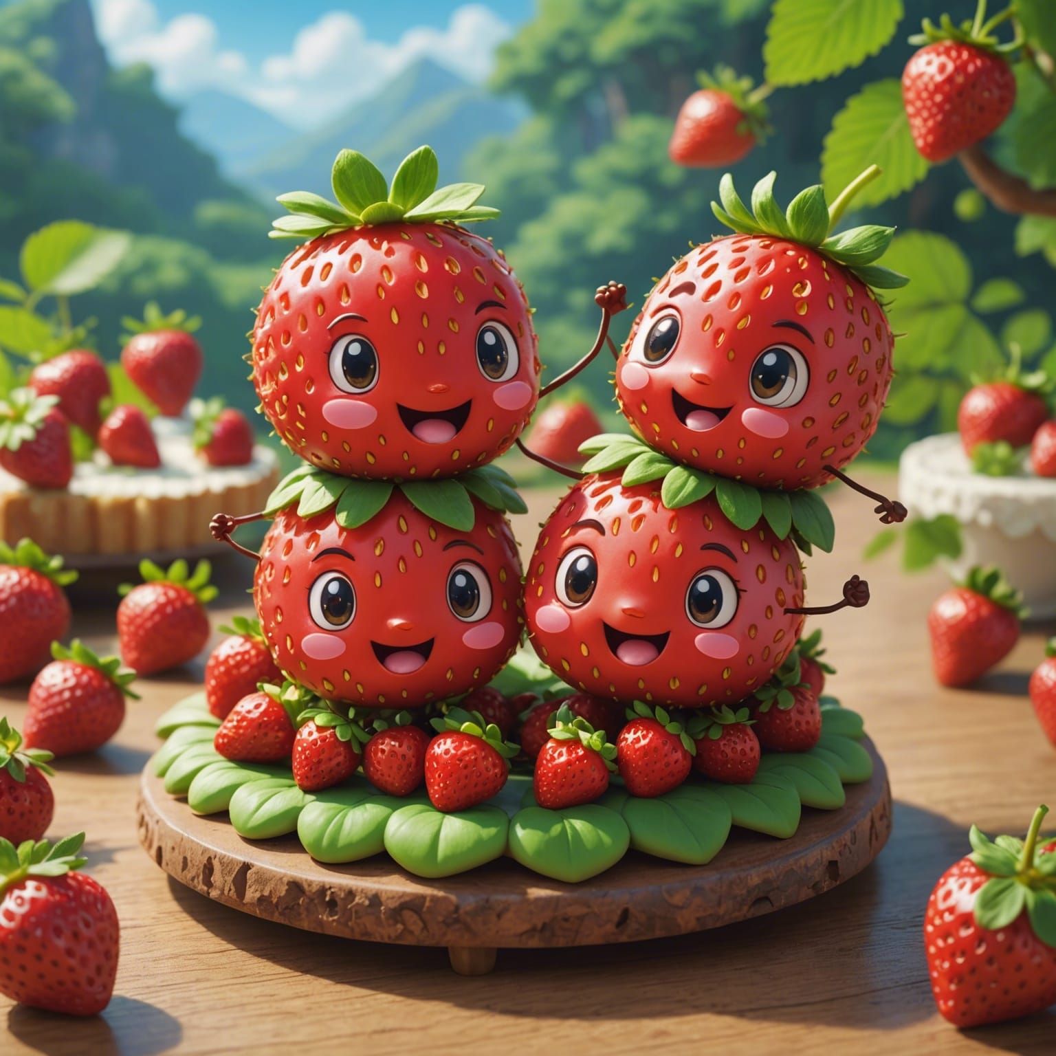 Chibi Strawberries with smiling faces,  looking adorable while dancing on a shortcake, kawaii, colourful, ...  by @Tangled Serendipity