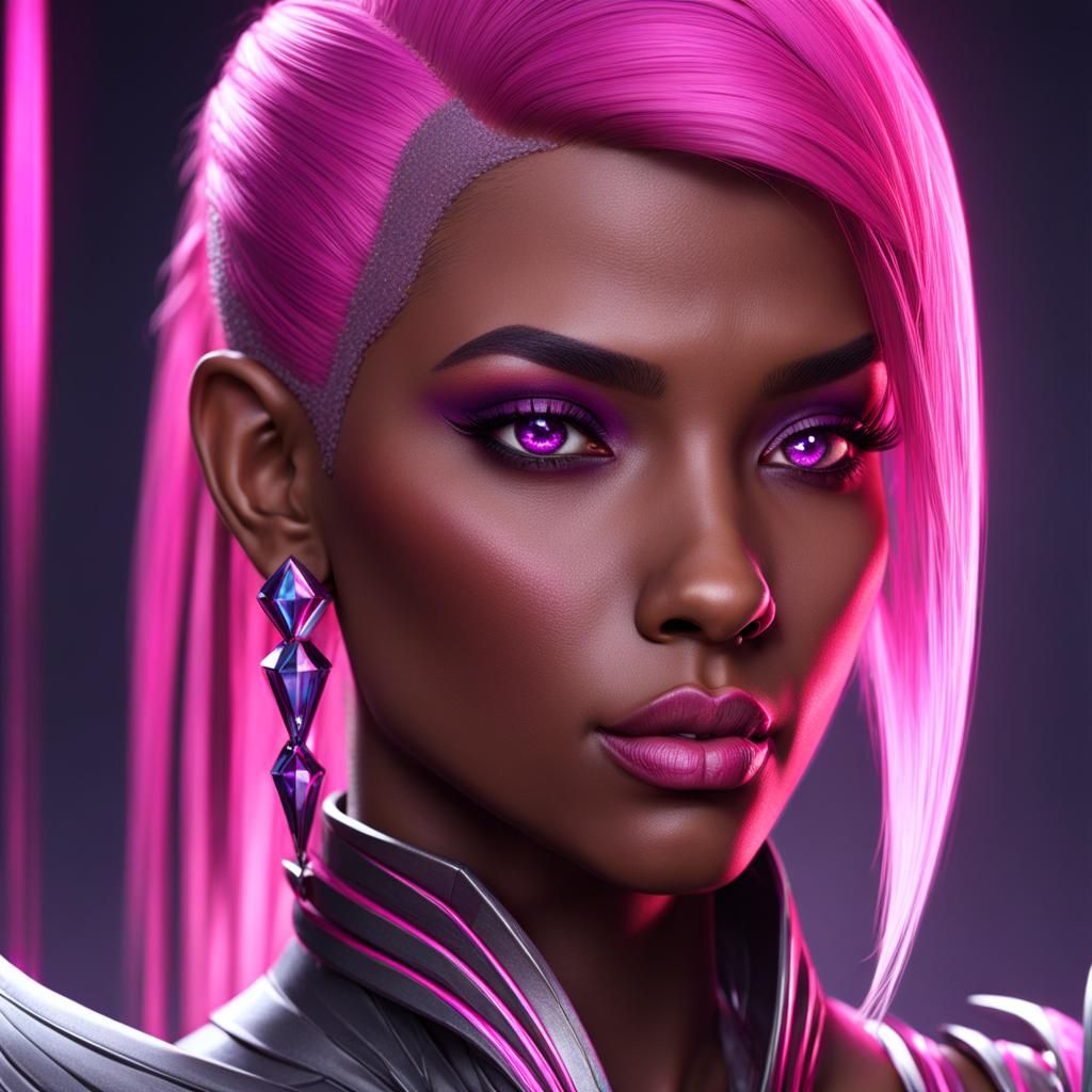 female, dark grey skin with pink lines, pink crystal hair side shaved ...